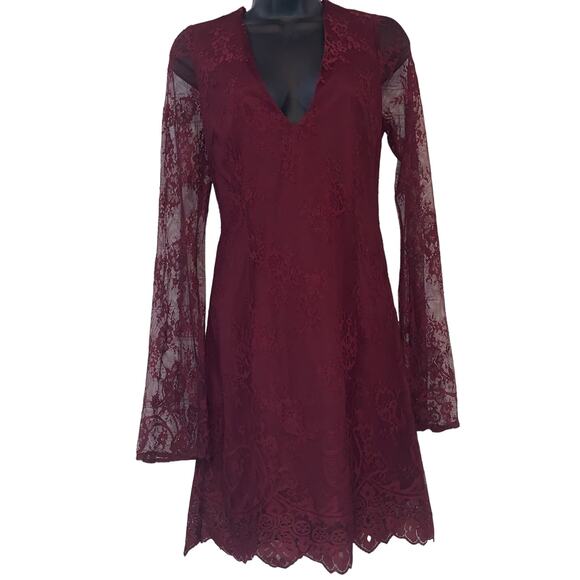 Tobi Dresses & Skirts - Tobi Lace Up Back Mini Dress Burgundy Cutout Lace Long Sleeve NWT Adjustable Fit